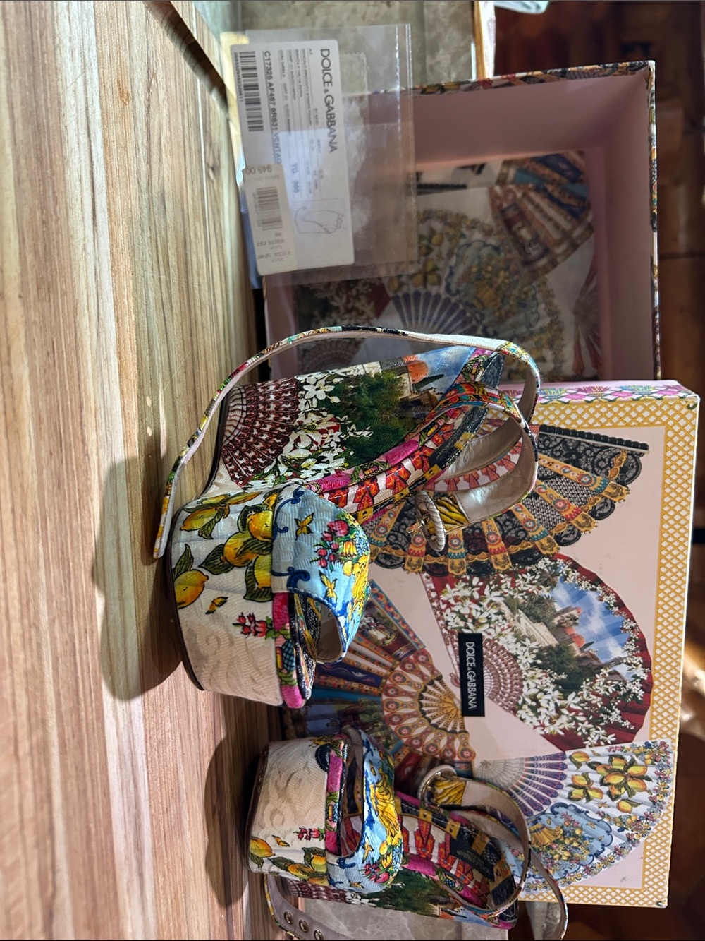 Rare Dolce & Gabbana Bianca Carretto Siciliano printed brocade platform wedges